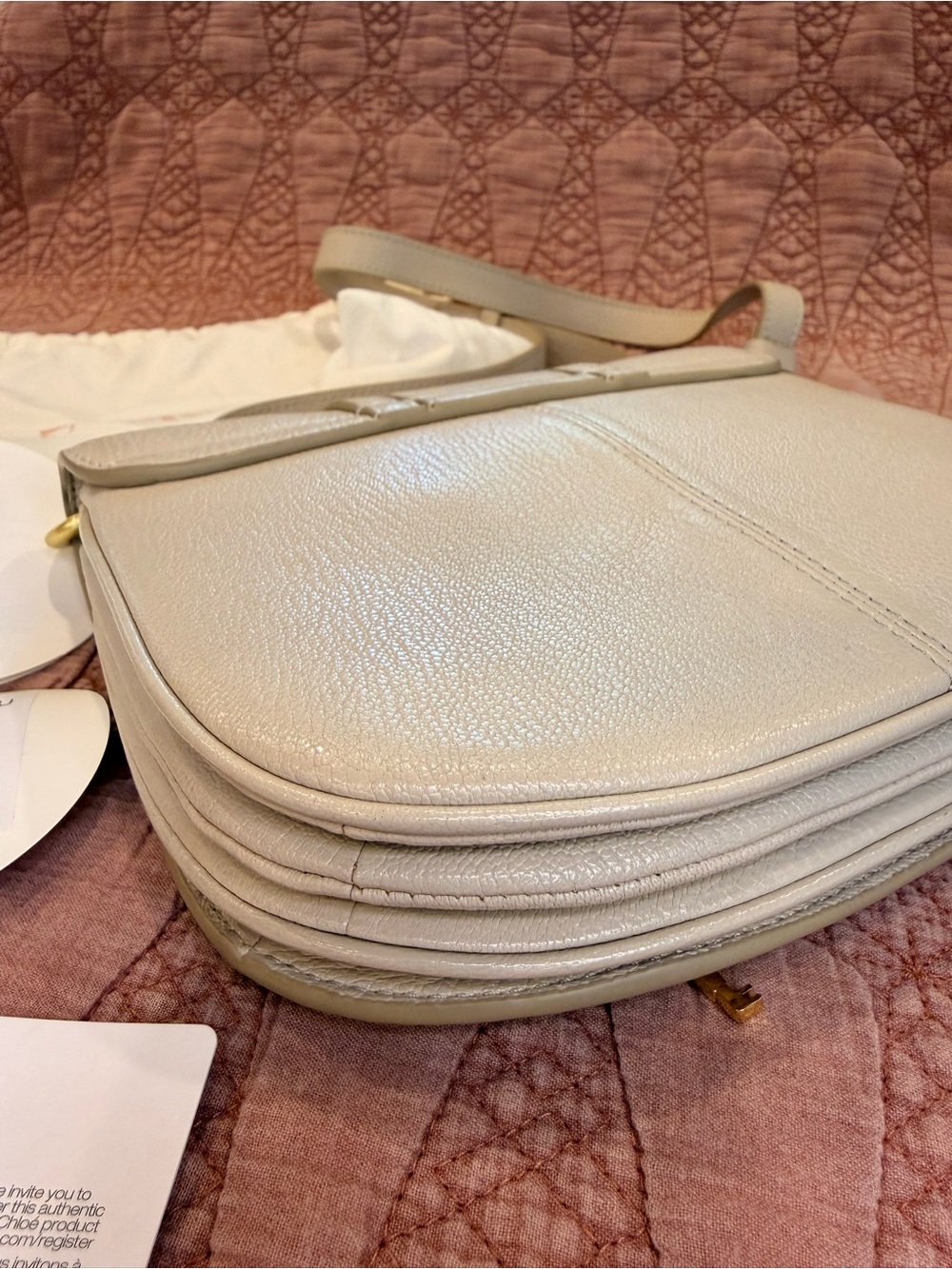 See by Chloé Mini Hana Crossbody Cement Beige Leather Gold Ring Dust Bag - Picture 7 of 11